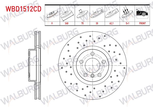 WALBURG WBD1512CD | Fren Diski Ön Havalı Kaplamalı Performans Delikli BMW X5 (E70) 3.0 D 5 Bjn 348X30x75x62,1 2007-2012 | 2 Adet