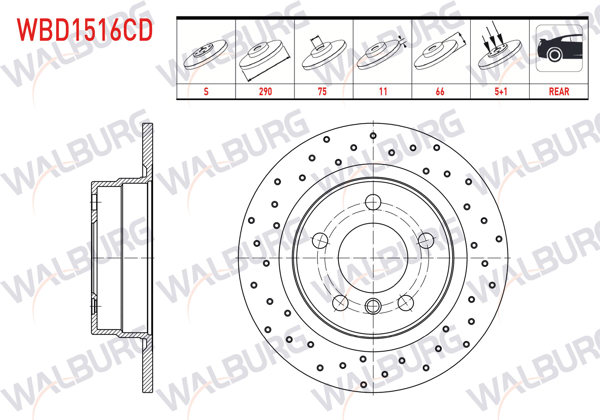 WALBURG WBD1516CD | Fren Diski Arka Düz Kaplamalı Performans Delikli BMW 1 Serisi (F20,F21) 116 D 5 Bjn 290X11x75x66 2010-| 2 Adet