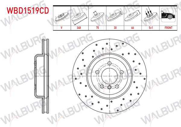 WALBURG WBD1519CD | Fren Diski Ön Havalı Kaplamalı Performans Delikli BMW 5 Serisi (F10) 525 D 5 Bjn 348X30x75x66 2010-| 2 Adet