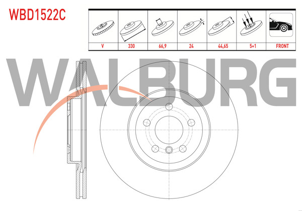 WALBURG WBD1522C | Fren Diski Ön Havalı Kaplamalı 5 Bjn 330X24x66,9X45,4 BMW X1 (F48) 2.0 D-2.0İ 2014-/ 2 Serisi (F45) 220 D 2014-| 2 Adet