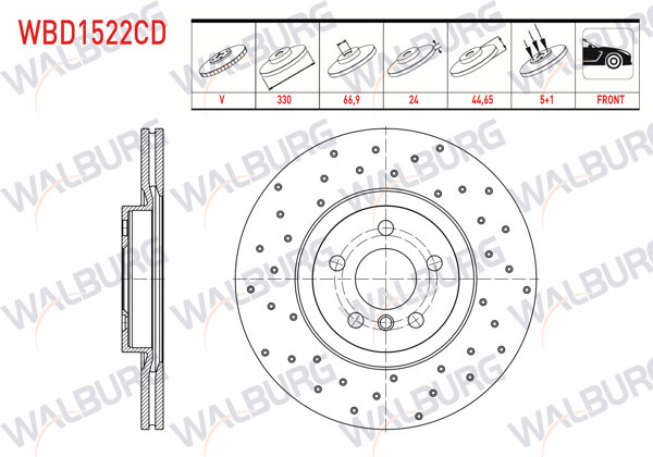 WALBURG WBD1522CD | Fren Diski Ön Havalı Kaplamalı Performans Delikli 5 Bjn 330X24x66,9X45,4 BMW X1 (F48) 2.0 D-2.0İ 2014-/ 2 Serisi (F45) 220 D 2014-| 2 Adet