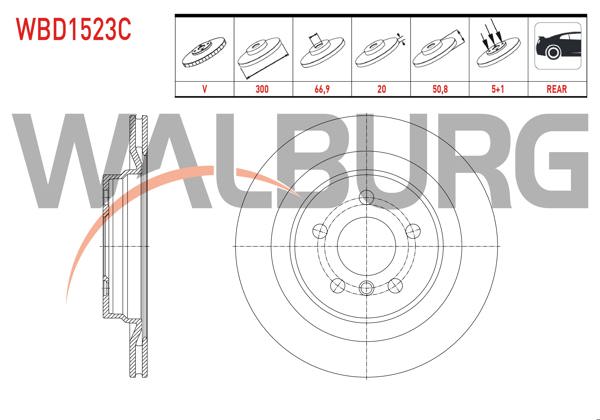 WALBURG WBD1523C | Fren Diski Arka Havalı Kaplamalı 5 Bjn 300X20x66,9X50,8 BMW X1 (F48) 2.0 D-2.0İ 2014-| 2 Adet