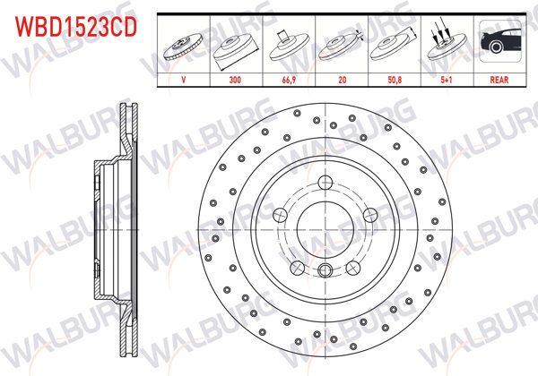 WALBURG WBD1523CD | Fren Diski Arka Havalı Kaplamalı Performans Delikli 5 Bjn 300X20x66,9X50,8 BMW X1 (F48) 2.0 D-2.0İ 2014-| 2 Adet