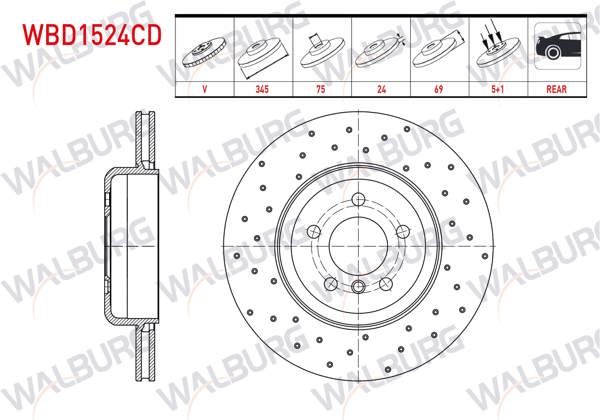WALBURG WBD1524CD | Fren Diski Arka Havalı Kaplamalı Performans Delikli BMW 5 Serisi (F10) 535 D 5 Bjn 345X24x75x69 2010-| 2 Adet
