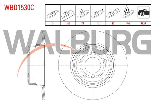 WALBURG WBD1530C | Fren Diski Arka Düz Kaplamalı BMW X5 (E53) 3.0 D 5 Bjn 324X12x75x80 2000-2007 | 2 Adet