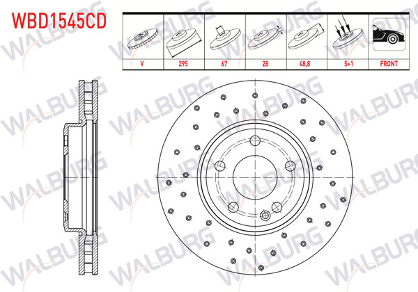 WALBURG WBD1545CD | Fren Diski Ön Havalı Kaplamalı Performans Delikli Mercedes A Serisi (W176) A 180 5 Bjn 295X28x67x48,8 2012-| 2 Adet