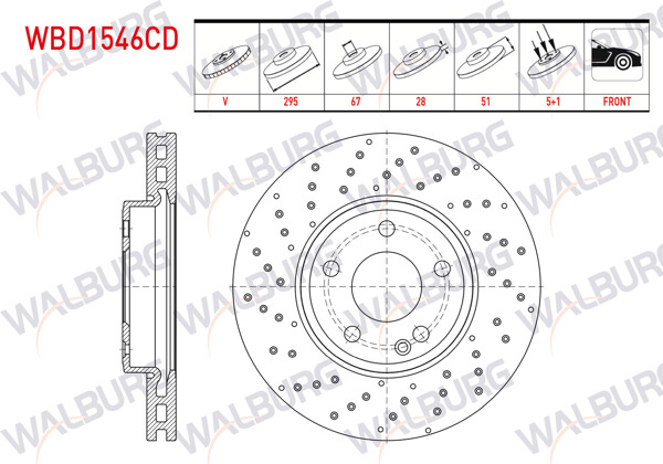 WALBURG WBD1546CD | Fren Diski Ön Havalı Kaplamalı Performans Delikli 5 Bjn 295X28x67x51 Mercedes A Serisi (W176) A 160 CDI 2012-| 2 Adet