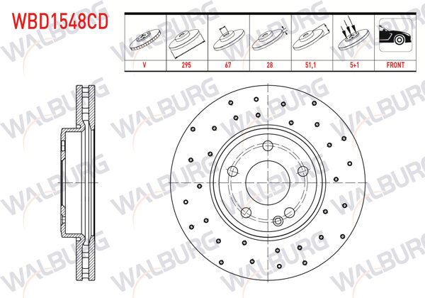 WALBURG WBD1548CD | Fren Diski Ön Havalı Kaplamalı Performans Delikli Mercedes A Serisi (W176) A 220 CDI 5 Bjn 295X28x67x51,1 2012-| 2 Adet