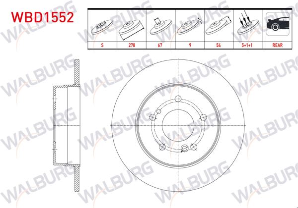 WALBURG WBD1552 | Fren Diski Arka Düz Mercedes C Serisi (W203) C 200 CDI 5 Bjn 278X9x67x54 2000-2006 | 2 Adet