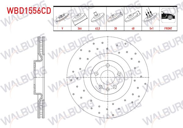 WALBURG WBD1556CD | Fren Diski Ön Havalı Kaplamalı Performans Delikli 5 Bjn 19 Jant 366X30x63,5X48 Volvo Xc60 D3-D4-D5-2.4 D 2008-| 2 Adet