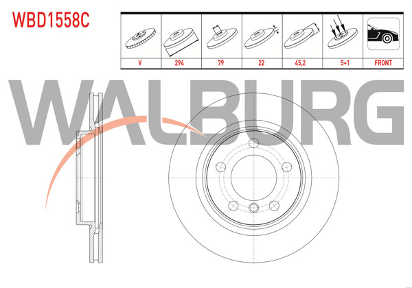 WALBURG WBD1558C | Fren Diski Ön Havalı Kaplamalı 5 Bjn 294X22x79x45,2 Mini Cooper Countryman (R60) 1.6-1.6 D-1.6 S 2010-2014 | 2 Adet