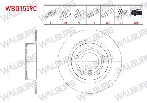 WALBURG WBD1559C | Fren Diski Arka Düz Kaplamalı 5 Bjn 280X10x79x50,2 Mini Cooper Countryman (R60) 1.6 D 2010-2014 | 2 Adet