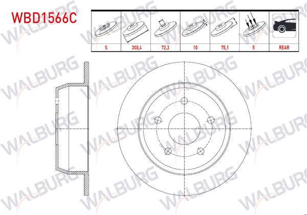 WALBURG WBD1566C | Fren Diski Arka Düz Kaplamalı 5 Bjn 304,8X10x72,3X75,1 Jeep Cherokee 2.5 TD-4.0İ 4X4 1984-2001 / Grand Cherokee II 2.7 CRDI-3.1 TD-4.0-4.7 V8 4X4 1998-2005 | 2 Adet