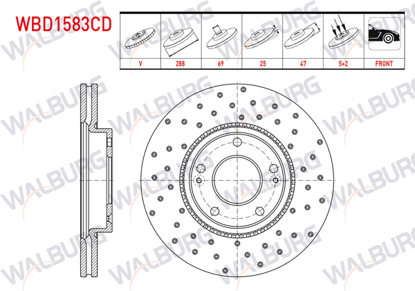 WALBURG WBD1583CD | Fren Diski Ön Havalı Kaplamalı Performans Delikli 5 Bjn 288X25x69x47 Hyundai i30 (Pde, Pd) 1.4 Mpı-1.6 CRDI 2016-/ Kia Ceed 1.0 T-GDI-1.4 T-GDI-1.6 CRDI 2018-| 2 Adet