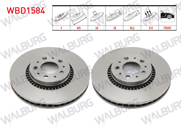 WALBURG WBD1584 | Fren Diski Ön Havalı 5 Bjn 305X28x68x50,2 Volvo S60 I 2.0 T-2.4 D5-2.4 T5 00-10 / S80 I 2.0 T-2.4-2.4 D5 98-06 / V70 I-II 2.0-2.3 T5-2.4 T-2.4 D5 97-07 / Xc70 I 2.4 D5-2.5 T 97-07 | 2 Adet