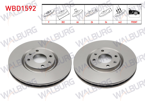 WALBURG WBD1592 | Fren Diski Ön Havalı 4 Bjn 302X26x66x34 C4-Ds4-Ds5 1.6 Thp 2011-/ Opel Corsa F 1.2-1.5 D 2019-/ Peugeot 208 1.2-1.4 HDI 2012-/ 2008 1.5 Bluehdı 2018-/ 308 II 1.6 Thp 2014-| 2 Adet