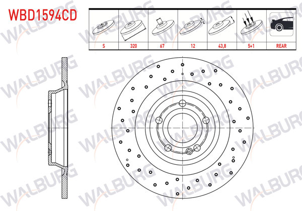 WALBURG WBD1594CD | Fren Diski Arka Düz Kaplamalı Performans Delikli 5 Bjn 320X12x67x43,8 Mercedes A (W177) 180-180 D 200 2018-/ CLA (C118) 180 D-200 2019-/ B (W247) 180-180 D 2019-/ Gla (H247) 200 2020-/ Glb (X247) | 2 Adet