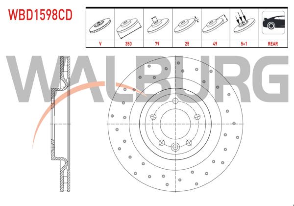 WALBURG WBD1598CD | Fren Diski Arka Havalı Kaplamalı Performans Delikli 5 Bjn 350X25x79x49 Land Rover Range Rover IV (Lg) 2013-/ Range Rover Sport (Lw) 2013-| 2 Adet
