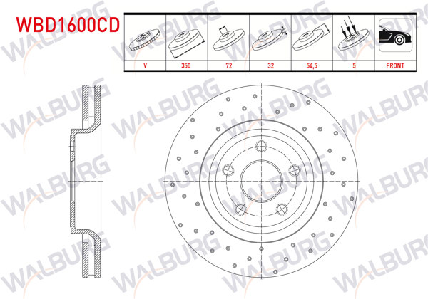 WALBURG WBD1600CD | Fren Diski Ön Havalı Kaplamalı Performans Delikli 5 Bjn 18 Jant 350X32x72x54,5 Jeep Grand Cherokee IV (Wk,Wk2) 3.0 Crd-3.6 V6 2010-| 2 Adet