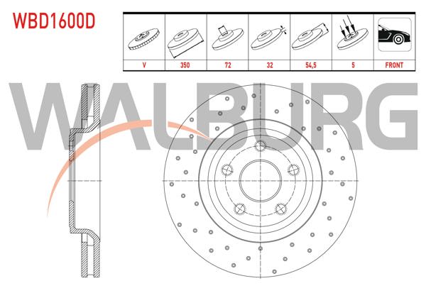 WALBURG WBD1600D | Fren Diski Ön Havalı Performans Delikli 5 Bjn 18 Jant 350X32x72x54,5 Jeep Grand Cherokee IV (Wk,Wk2) 3.0 Crd-3.6 V6 2010-| 2 Adet