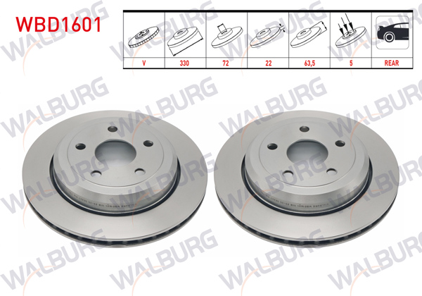 WALBURG WBD1601 | Fren Diski Arka Havalı 5 Bjn 18 Jant 330X22x72x63,5 Jeep Grand Cherokee IV (Wk,Wk2) 3.0 Crd-3.6 V6 2010-| 2 Adet