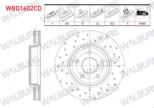 WALBURG WBD1602CD | Fren Diski Ön Havalı Kaplamalı Performans Delikli 5 Bjn 17 Jant 330X32x72x54,5 Jeep Grand Cherokee IV (Wk,Wk2) 3.0 Crd-3.6 V6 2010 -