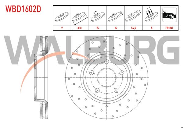 WALBURG WBD1602D | Fren Diski Ön Havalı Performans Delikli 5 Bjn 17 Jant 330X32x72x54,5 Jeep Grand Cherokee IV (Wk,Wk2) 3.0 Crd-3.6 V6 2010-| 2 Adet