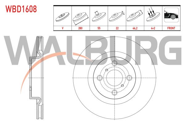 WALBURG WBD1608 | Fren Diski Ön Havalı 4 Bjn 280X22x55x46,2 Toyota Yaris (_P13_) 1.5 2017-/ Yaris (_P13_) 1.5 Hybrid 2012-| 2 Adet