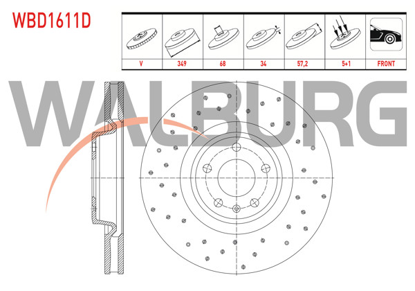WALBURG WBD1611D | Fren Diski Ön Havalı Performans Delikli 5 Bjn 349X34x68x57,2 Audi A4-A5-Q5-Q7 1.4 TFSI-2.0 TDI-2.0 TFSI 2015-/ A6-A7-A8 2.0 TDI-2.0 TFSI-3.0 TDI 2018-/ Volkswagen Touareg 3.0 TDI 2018-| 2 Adet