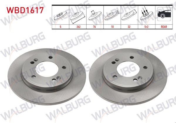 WALBURG WBD1617 | Fren Diski Arka Düz 5 Bjn 262X10x76x32 Hyundai Elantra VI 2015-2020 / Elantra VII 2021-/ Ioniq 1.6 Hybrıd 2016-/ Kia Nıro 1.6 Hybrıd 2016-| 2 Adet