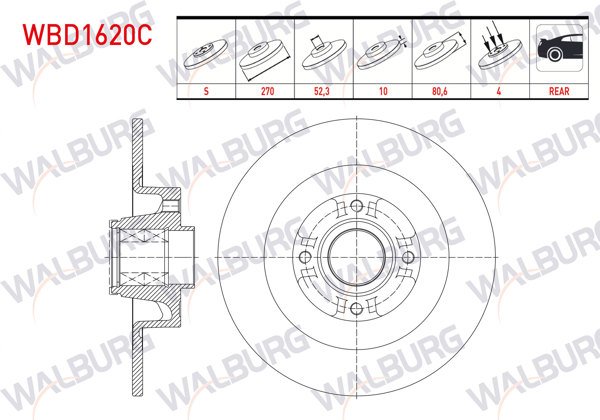 WALBURG WBD1620C | Fren Diski Arka Düz Kaplamalı Rulmanlı Poryalı 4 Bjn Manyetık ABS Okuyuculu 270X10x52,3X80,2 Renault Megane II Sw 2003-2009 / Scenic II 2003-2010 | 2 Adet