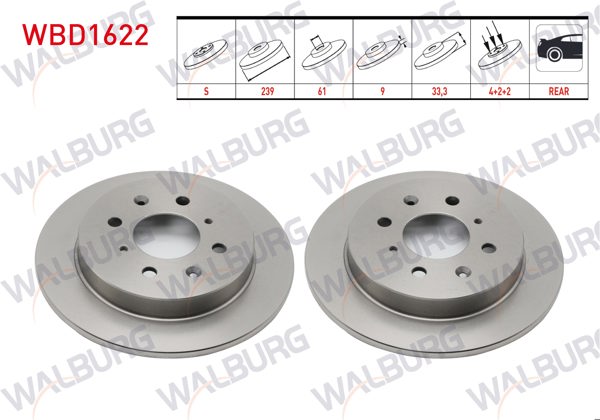 WALBURG WBD1622 | Fren Diski Arka Düz 4 Bjn 239X9x61x33,3 Honda Jazz III (Ge_,Gg_,Gp_,Za_) 1.2 1.3İ 1.4 2008-/ Jazz IV (Gk_) 1.3 1.5 2015-/ City V 2008-| 2 Adet