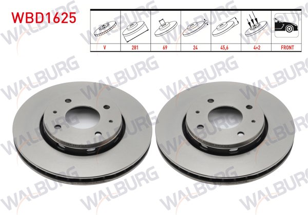WALBURG WBD1625 | Fren Diski Ön Havalı 4 Bjn 281X24x69x45,6 Mitsubishi Carisma 1.6-1.8-1.9 1995-2006 / Volvo S40 1995-2003 / V40 1.6-1.8-1.9-2.0 1995-1999 | 2 Adet
