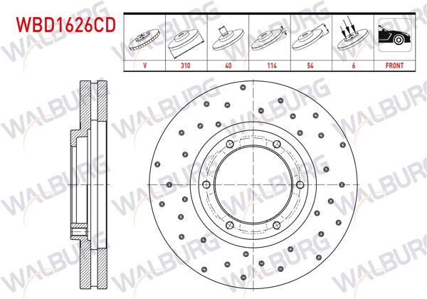 WALBURG WBD1626CD | Fren Diski Ön Havalı Kaplamalı Performans Delikli 6 Bjn 310X40x114x53,8 Mitsubishi Canter (Fe5, Fe6) Euro 5 2012-| 2 Adet