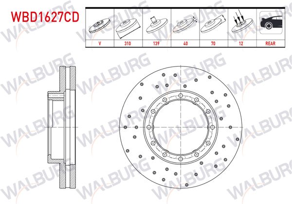 WALBURG WBD1627CD | Fren Diski Arka Havalı Kaplamalı Performans Delikli 12 Bjn 310X40x139x70 Euro 5-6 Mitsubishi Fuse Canter 2012-/ Prestıge | 2 Adet