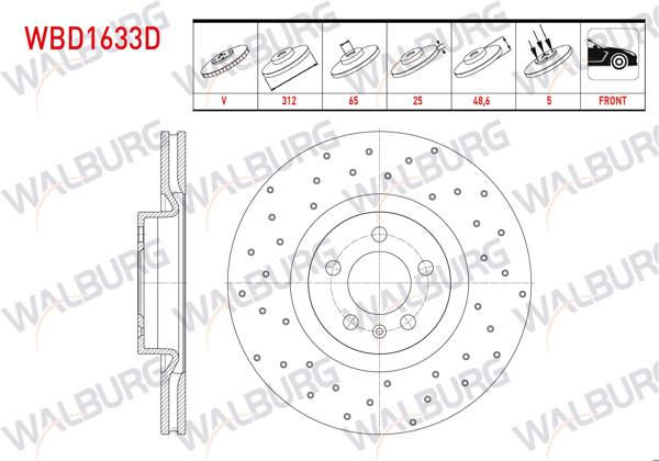 WALBURG WBD1633D | Fren Diski Ön Havalı Performans Delikli 5 Bjn 312X25x65x48,6 Volkswagen Polo VI 2017-| 2 Adet