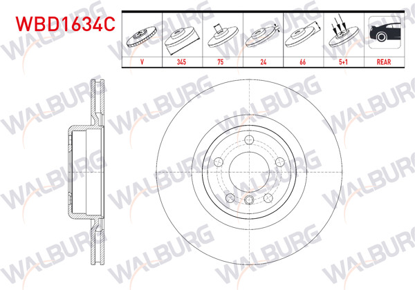 WALBURG WBD1634C | Fren Diski Arka Havalı Kaplamalı 5 Bjn 345X24x75x66 BMW 1 Serisi (F20) (F21) 11-19 / 2 Serisi (F22,F87) (F23) 12-/ 3 Serisi (F30,F80) 12-18 / 4 Serisi (F32,F82) 2013-2015 | 2 Adet