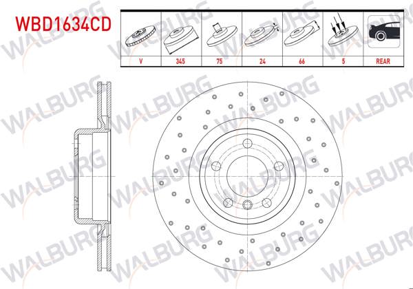 WALBURG WBD1634CD | Fren Diski Arka Havalı Kaplamalı Performans Delikli 5 Bjn 345X24x75x66 BMW 1 Serisi (F20) (F21) 11-19 / 2 Serisi (F22,F87) (F23) 12-/ 3 Serisi (F30,F80) 12-18 / 4 Serisi (F32,F82) 2013-2015 | 2 Adet