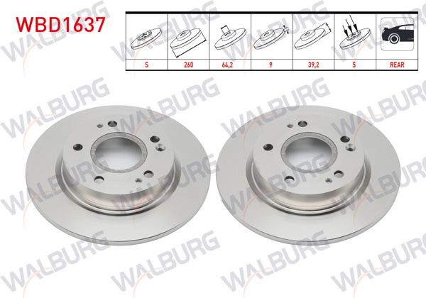 WALBURG WBD1637 | Fren Diski Arka Düz 5 Bjn 260X9x64,2X39,2 Honda Civic X 2016-| 2 Adet