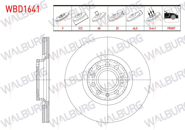 WALBURG WBD1641 | Fren Diski Ön Havalı 5 Bjn 312X25x68x46,5 Audi A4 B6 2000-2004 / A4 B7 2004-2008 / A6 C5 1997-2005 / Seat Exeo 2009-2013 / Skoda Superb 2001-2008 / VW Passat B5 1996-2005 | 2 Adet