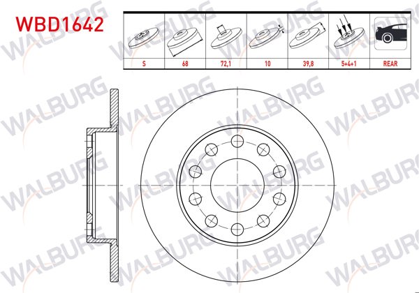 WALBURG WBD1642 | Fren Diski Arka Düz 5 Bjn 245X10x68x39,8 Audi A4 (8E2) 2000-2004 / A4 (8Ec) 2004-2008 / Seat Exeo (3R2) 2008-2013 | 2 Adet