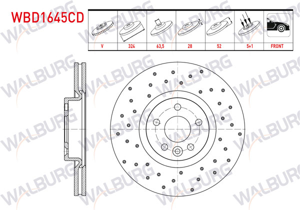 WALBURG WBD1645CD | Fren Diski Ön Havalı Kaplamalı Performans Delikli 5 Bjn 324X28x63.5X52 Volvo Xc60 I 2008-2017 | 2 Adet