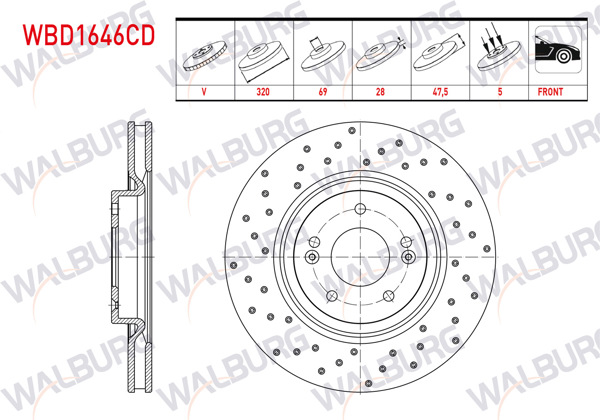 WALBURG WBD1646CD | Fren Diski Ön Havalı Kaplamalı Performans Delikli 5 Bjn 320X28x69x47,5 Hyundai Tucson 2015-/ Ix 35 2014-/ Kona 2017-/ Kia Sportage IV 2015-| 2 Adet