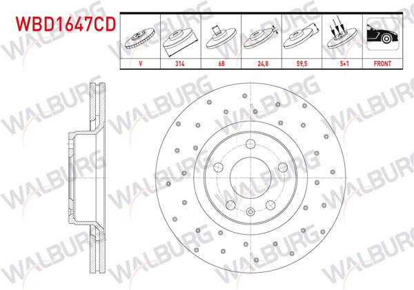 WALBURG WBD1647CD | Fren Diski Ön Havalı Kaplamalı Performans Delikli 5 Bjn 314X24,8X68x59,5 Audi A6 2004-2011 | 2 Adet