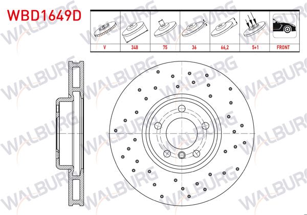 WALBURG WBD1649D | Fren Diski Ön Sol Havalı Performans Delikli 5 Bjn 348X36x75x66,2 BMW 5 Serisi (F10) 2010-2016 / 7 Serisi (F01) 2009-2015