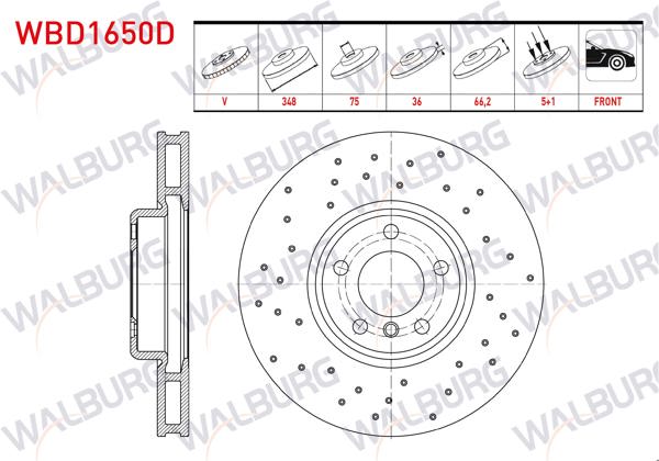 WALBURG WBD1650D | Fren Diski Ön Sağ Havalı Performans Delikli 5 Bjn 348X36x75x66,2 BMW 5 Serisi (F10) 2010-2016 / 7 Serisi (F01) 2009-2015
