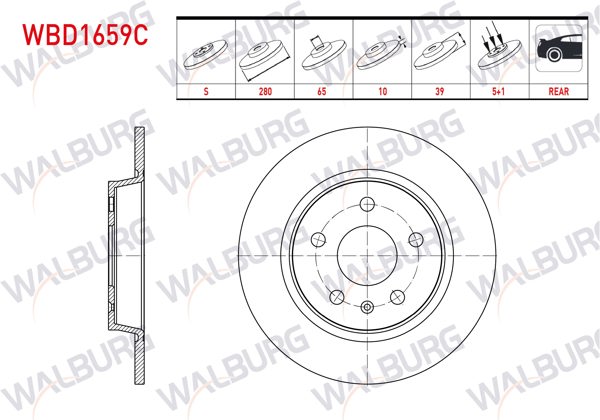 WALBURG WBD1659C | Fren Diski Arka Düz Kaplamalı 5 Bjn 280X10x65x39 Mg Zs Suv Ev (Csa7001) 2019-| 2 Adet
