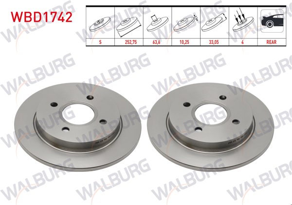 WALBURG WBD1742 | Fren Diski Arka Ford Focus 1998-2005 / Fiesta VI 2013-/ Scorpio 1994-1998 / Sıerra 1982-1993 | 2 Adet