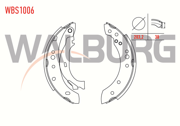 WALBURG WBS1006 | Fren Pabuç Balata Arka Levyelı 203,2X38mm Symbol II 08-12 / Laguna I 1.9 93-01 / Twingo 93-07 / Clio II 01-06 / Clio IV 12-/ Logan 04-/ Logan Mcv II 13-/ Sandero II 12-/ Peugeot 1007 05-/ Citroen C2 02-12 / C3 02-10
