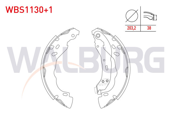 WALBURG WBS1130+1 | Fren Pabuç Balata Arka + 1mm Kalın Logan 1.5 DCI Levyelı Soketlı 203,2X38,6mm 2004-2012 / Celysee 1.6 HDI 2012-/ 301 1.6 HDI 2012-/ Clio II 1.5 DCI 1998-2005 / C3 II 1.6 HDI 2009-2016 / C3 II 1.6 HDI 2009-2016